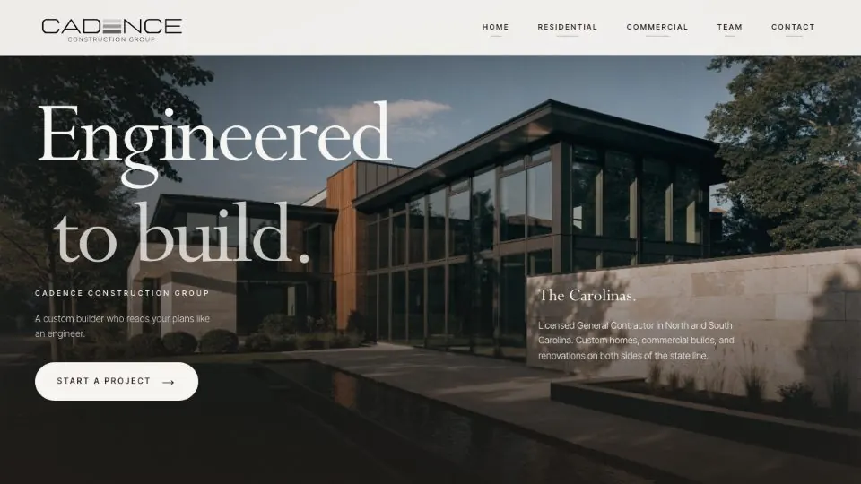 Cadence Construction Group homepage — a dark editorial hero over a photograph of a modern build.