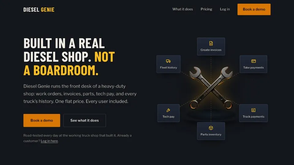 Diesel Genie homepage — crossed wrenches beside the headline Built in a real diesel shop, not a boardroom.