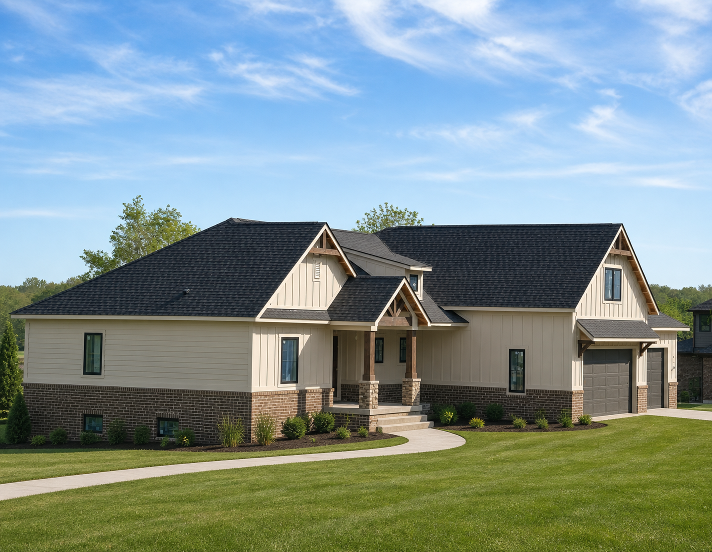 New custom home with cream board and batten siding and black roof in Indian Land, South Carolina