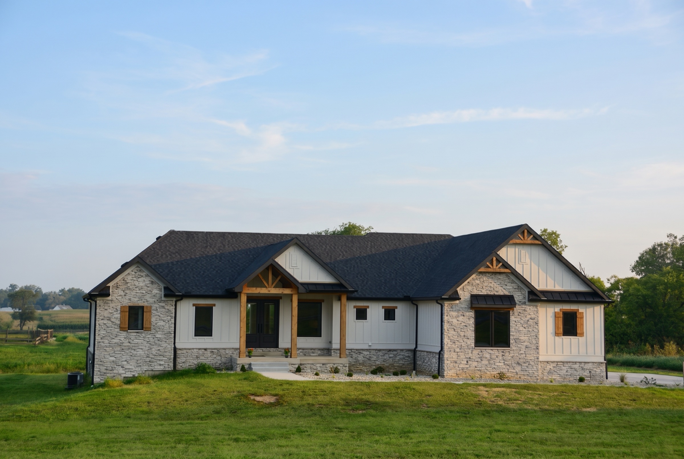 Completed custom home with stone and white board and batten siding in Lancaster, South Carolina